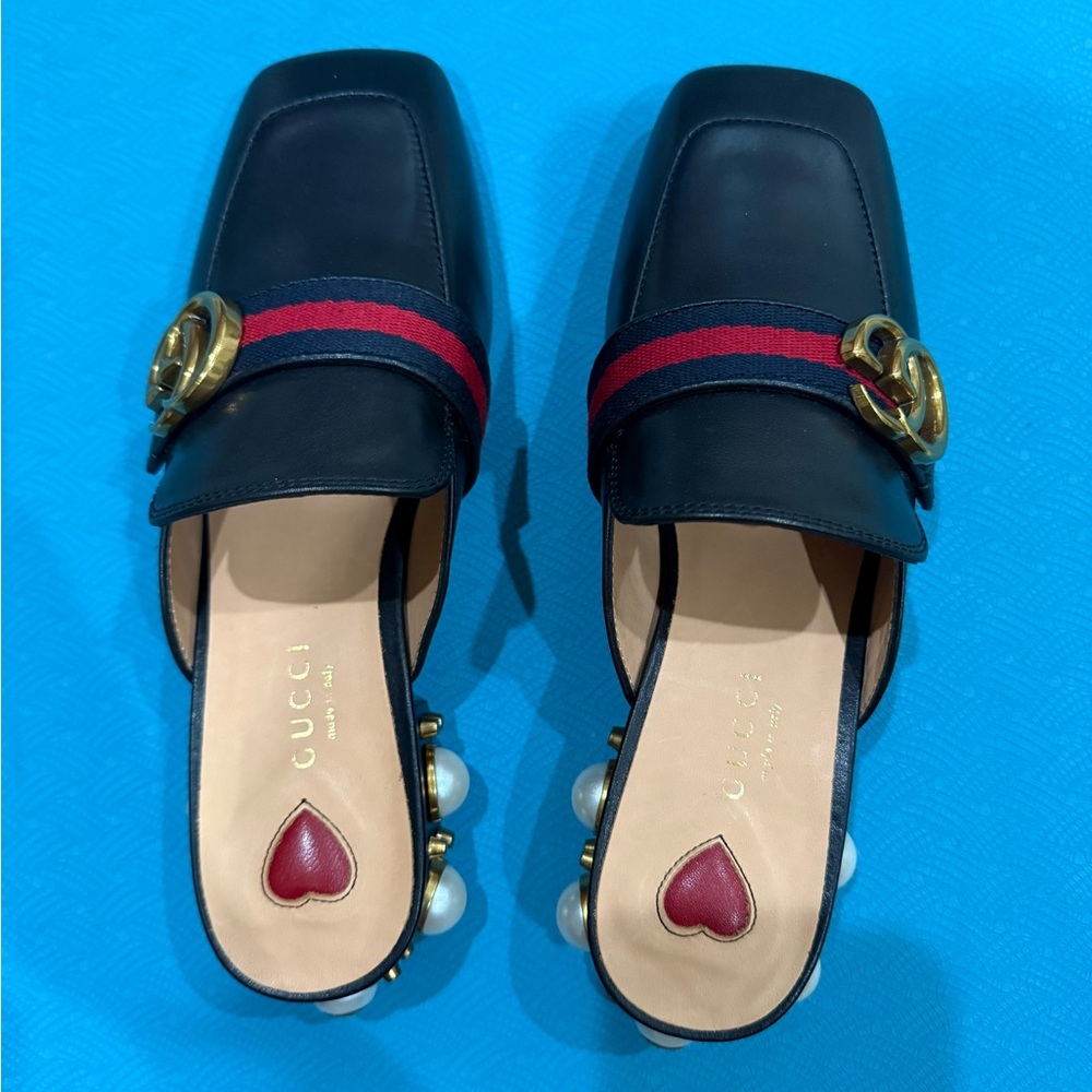 Gucci Women's Black Mules with Red and Gold Accents